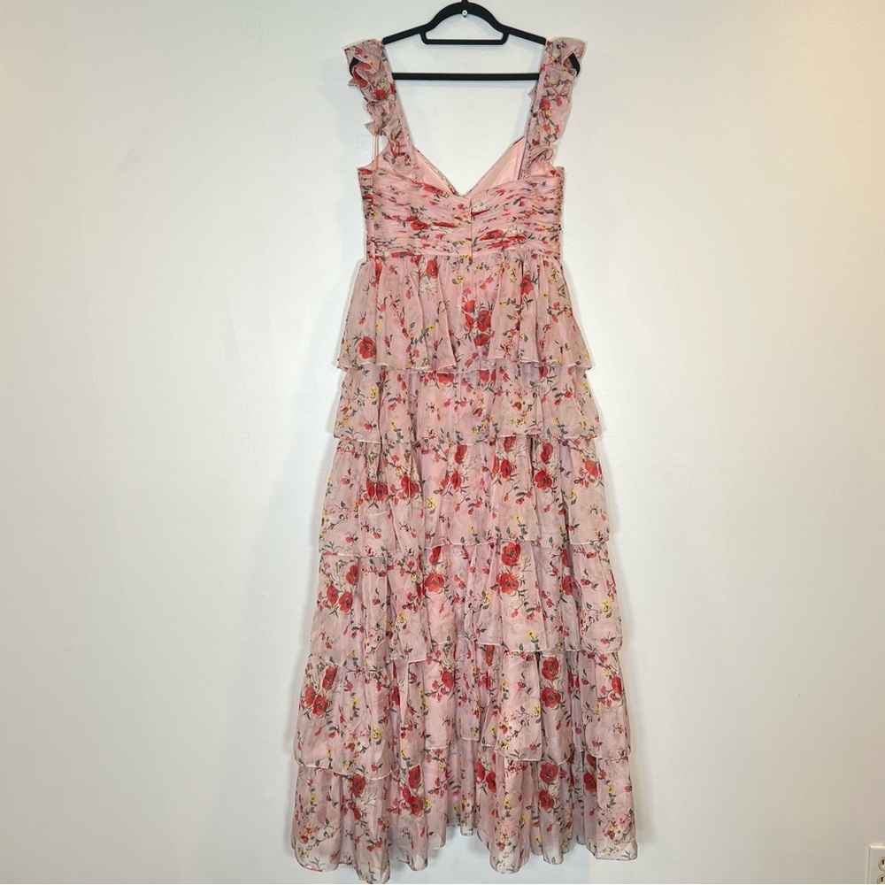 Mac Duggal 55816 Womens Pink Ruffled Sleeveless Draped Tiered Floral Print Gown - Picture 8 of 15